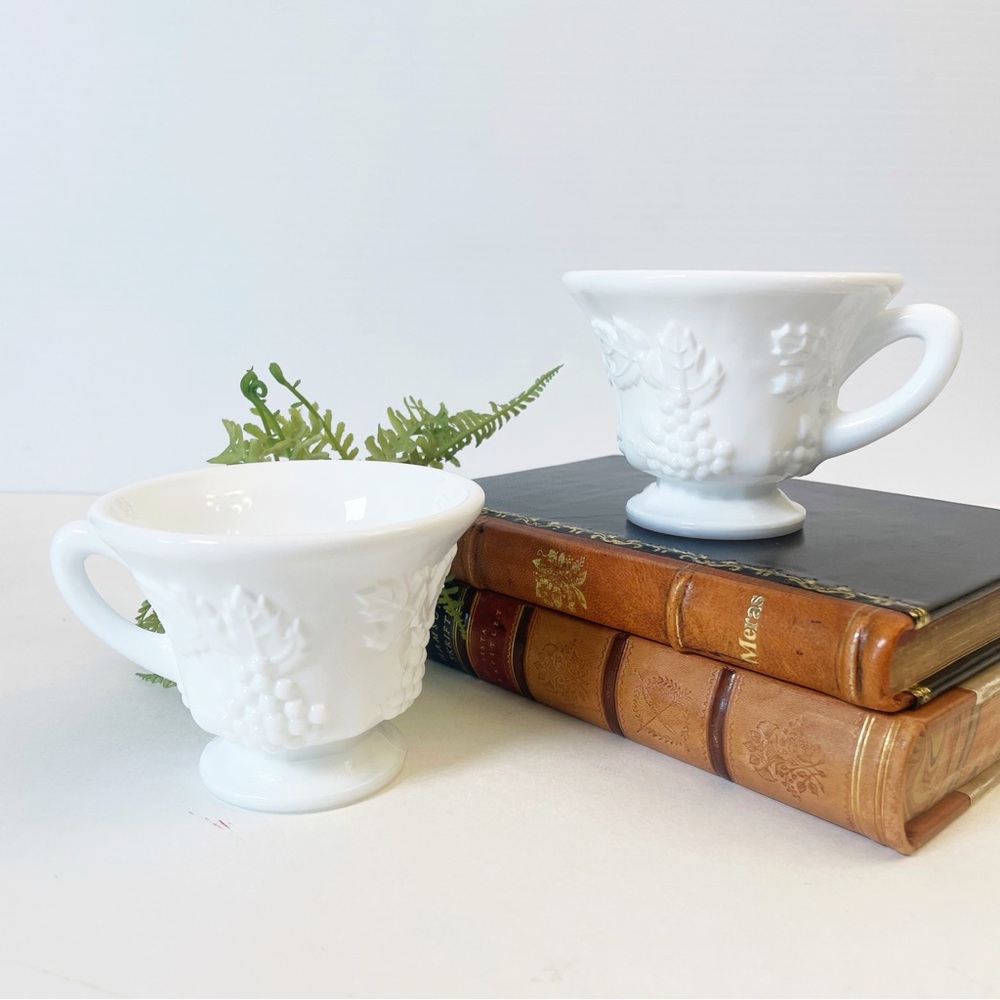 Vintage Indiana Milk Glass Pair of Pedestal Teacups in Harvest Grape Pattern
